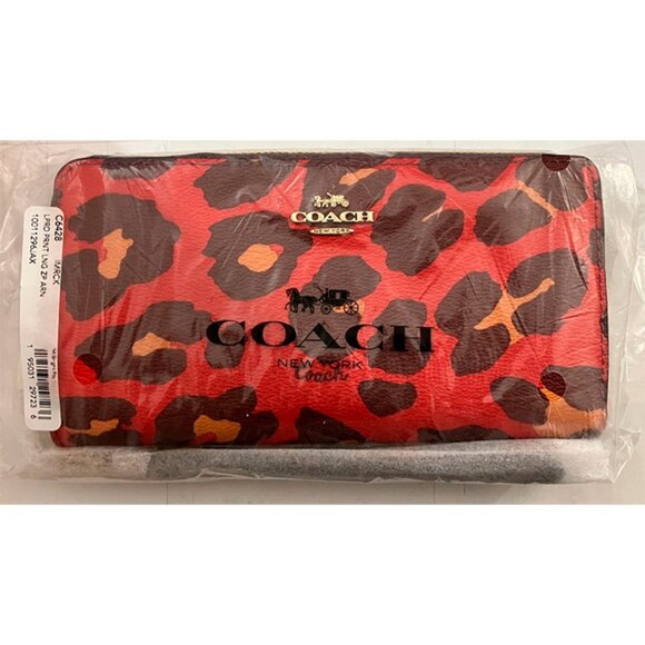 S Coach Long Zip-Around Wallet Red Leopard Wristlet Cheetah C6428 Leopardo - Picture 4 of 10